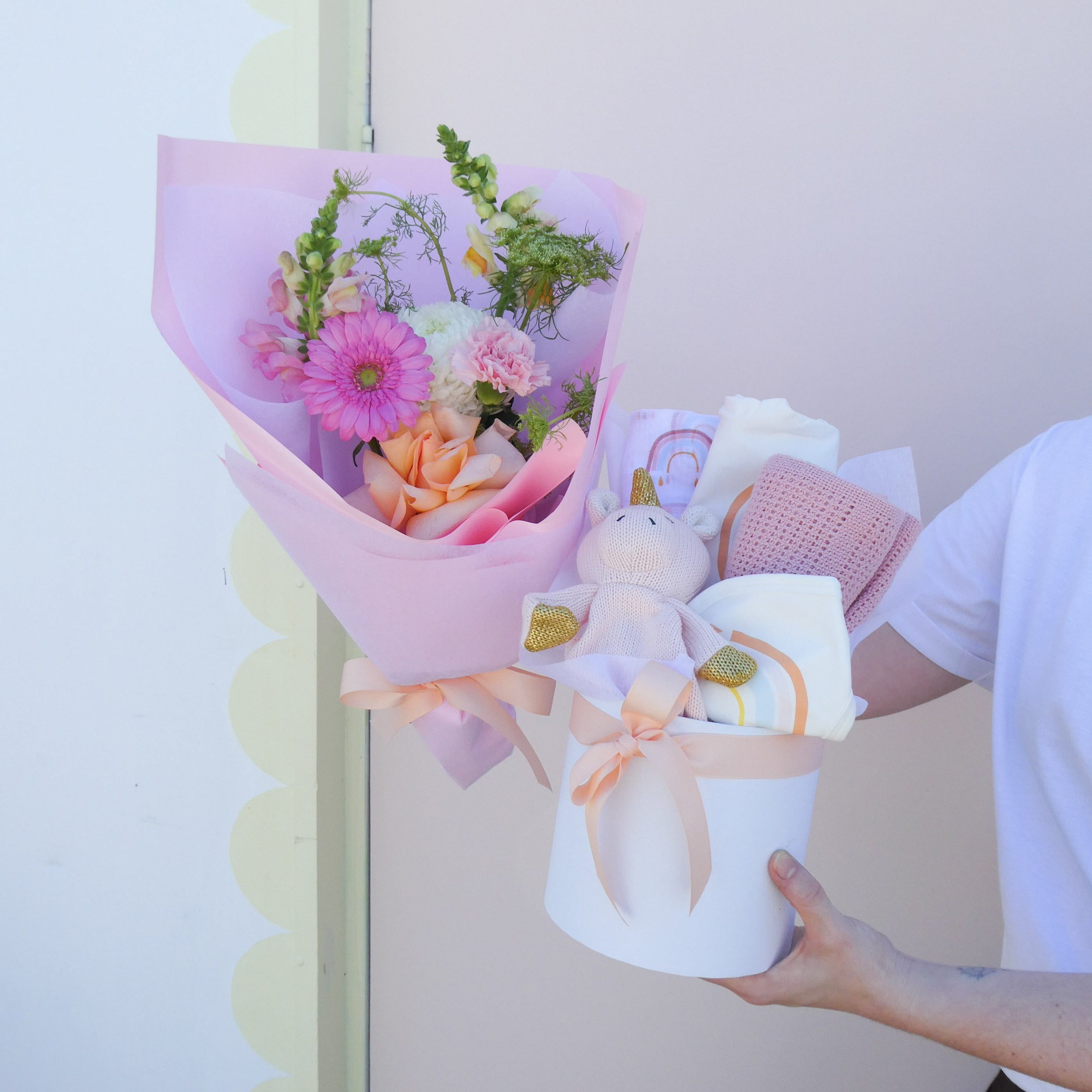 Welcome Baby Girl Hamper & Flowers