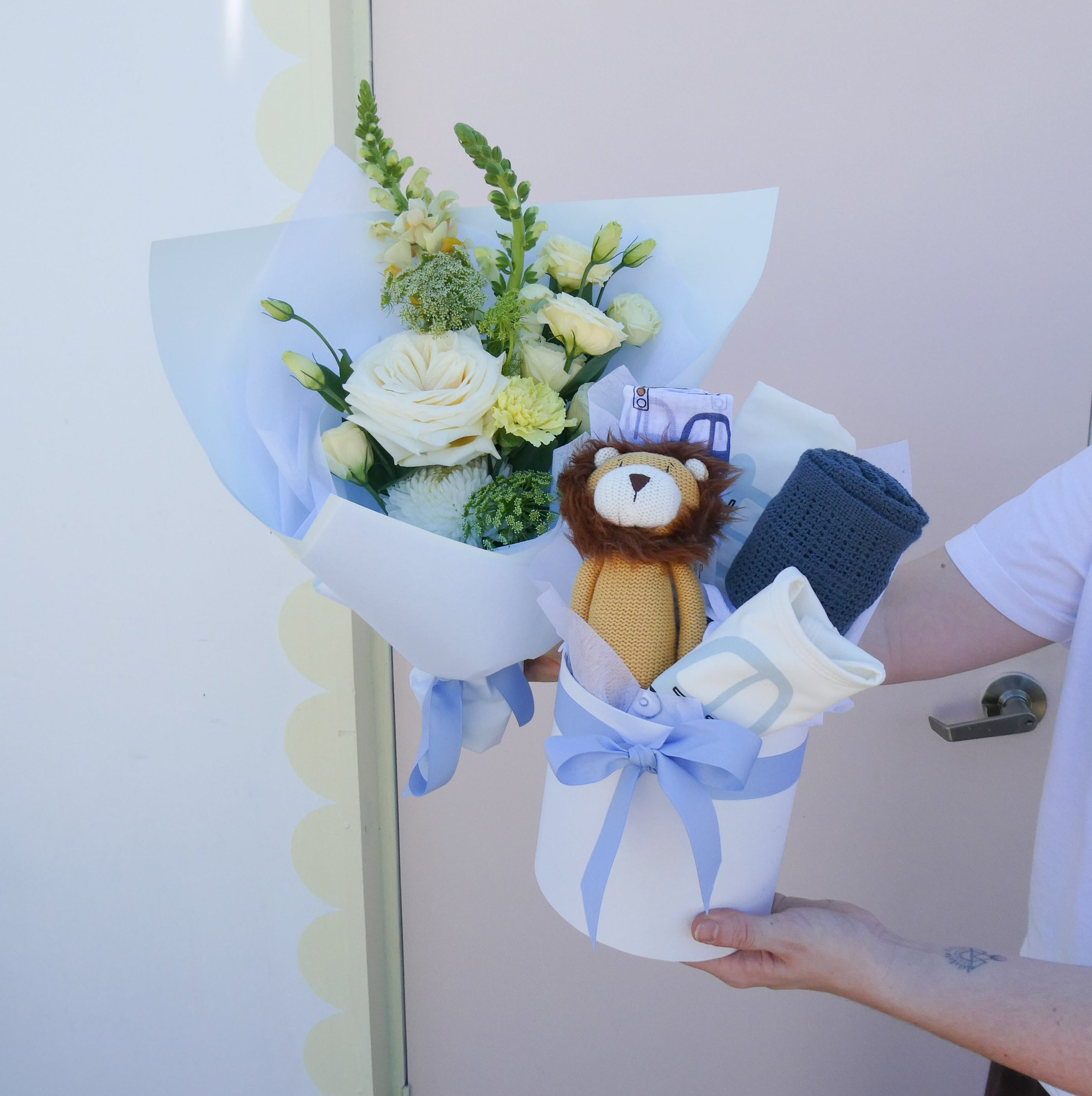Welcome Baby Boy Hamper & Flowers